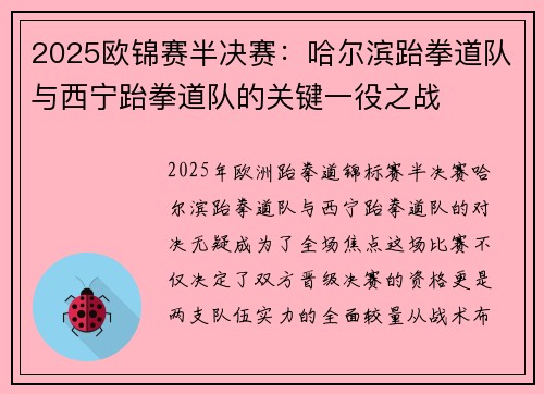 2025欧锦赛半决赛:哈尔滨跆拳道队与西宁跆拳道队的关键一役之战