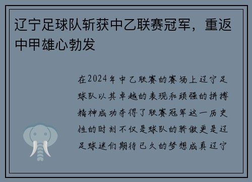 辽宁足球队斩获中乙联赛冠军，重返中甲雄心勃发
